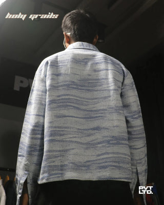 Men Wearing a street style 'Arctic+' Icy Blue Cotton Full Sleeve Wavy Pattern Boxy Fit Cropped Length Overshirt HG x Pvt Ltd - Back
