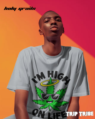 Men in Street Style 'I’m High on Life' Grey Melange 240 GSM 100% Cotton Oversize Tee HG x Trip Tribe - Front