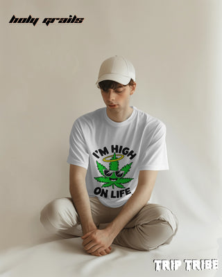 Men in Street Style 'I’m High on Life' White 240 GSM 100% Cotton Oversize Tee HG x Trip Tribe - Front