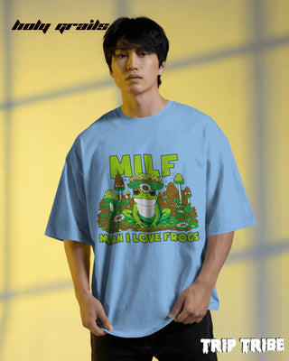 Men in Street Style 'Man I Love Frogs' Baby Blue 240 GSM 100% Cotton Oversize Tee HG x Trip Tribe - Front