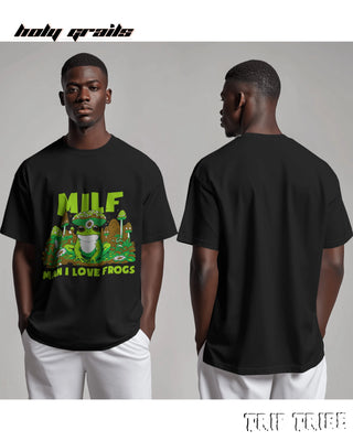 Men in Street Style 'Man I Love Frogs' Black 240 GSM 100% Cotton Oversize Tee HG x Trip Tribe - Front & Back