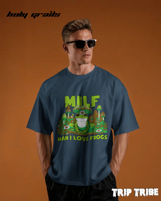 Men in Street Style 'Man I Love Frogs' Petrol Blue 240 GSM 100% Cotton Oversize Tee HG x Trip Tribe - Front