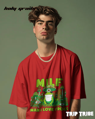 Men in Street Style 'Man I Love Frogs' Red 240 GSM 100% Cotton Oversize Tee HG x Trip Tribe - Front
