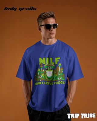 Men in Street Style 'Man I Love Frogs' Royal Blue 240 GSM 100% Cotton Oversize Tee HG x Trip Tribe - Front