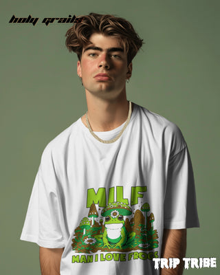 Men in Street Style 'Man I Love Frogs' White 240 GSM 100% Cotton Oversize Tee HG x Trip Tribe - Front