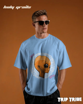 Men in Street Style 'Mandala Alien' Baby Blue 240 GSM 100% Cotton Oversize Tee HG x Trip Tribe - Front