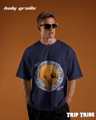 Men in Street Style 'Mandala Alien' Navy Blue 240 GSM 100% Cotton Oversize Tee HG x Trip Tribe - Front