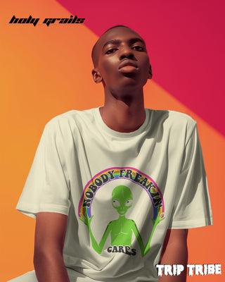 Men in Street Style '👽 Nobody Freakin’ Cares' Off White 240 GSM 100% Cotton Oversize Tee HG x Trip Tribe - Front