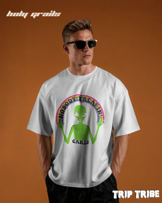 Men in Street Style '👽 Nobody Freakin’ Cares' White 240 GSM 100% Cotton Oversize Tee HG x Trip Tribe - Front