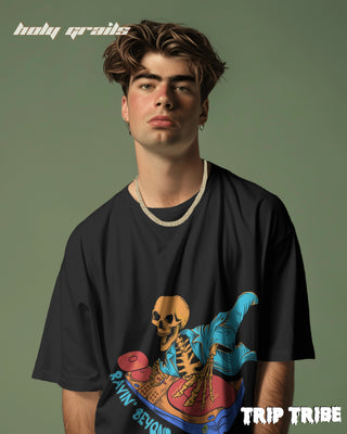 Men in Street Style 'Ravin’ Beyond the Grave Skeleton DJ' Black 240 GSM 100% Cotton Oversize Tee HG x Trip Tribe - Front