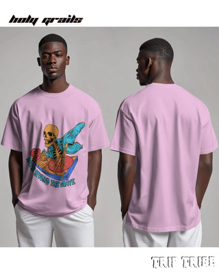 Men in Street Style 'Ravin’ Beyond the Grave Skeleton DJ' Light Baby Pink 240 GSM 100% Cotton Oversize Tee HG x Trip Tribe - Front & Back