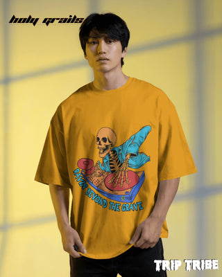 Men in Street Style 'Ravin’ Beyond the Grave Skeleton DJ' Mustard Yellow 240 GSM 100% Cotton Oversize Tee HG x Trip Tribe - Front