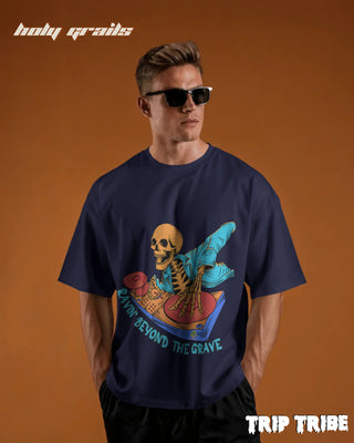 Men in Street Style 'Ravin’ Beyond the Grave Skeleton DJ' Navy Blue 240 GSM 100% Cotton Oversize Tee HG x Trip Tribe - Front