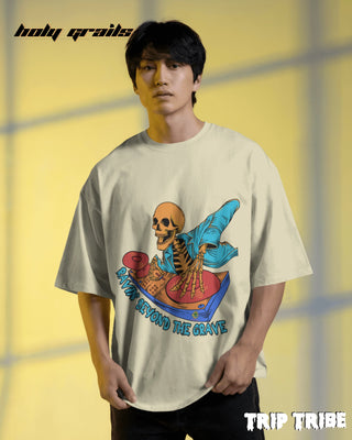 Men in Street Style 'Ravin’ Beyond the Grave Skeleton DJ' Off White 240 GSM 100% Cotton Oversize Tee HG x Trip Tribe - Front