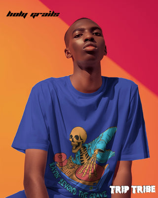 Men in Street Style 'Ravin’ Beyond the Grave Skeleton DJ' Royal Blue 240 GSM 100% Cotton Oversize Tee HG x Trip Tribe - Front