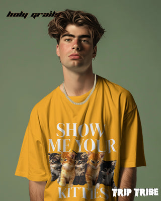 Men in Street Style 'Show Me Your Kitties' Golden Yellow 240 GSM 100% Cotton Oversize Tee HG x Trip Tribe - Front