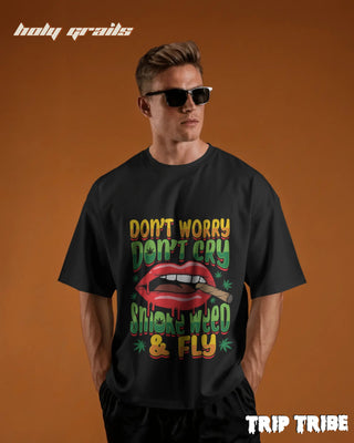 Men in Street Style 'Smoke Weed & Fly' Black 240 GSM 100% Cotton Oversize Tee HG x Trip Tribe - Front