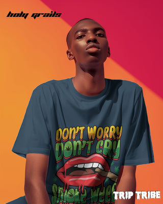 Men in Street Style 'Smoke Weed & Fly' Petrol Blue 240 GSM 100% Cotton Oversize Tee HG x Trip Tribe - Front