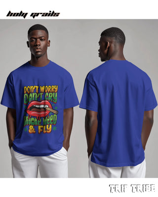 Men in Street Style 'Smoke Weed & Fly' Royal Blue 240 GSM 100% Cotton Oversize Tee HG x Trip Tribe - Front & Back