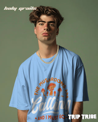 Men in Street Style 'The Mushrooms Are Calling' Baby Blue 240 GSM 100% Cotton Oversize Tee HG x Trip Tribe - Front