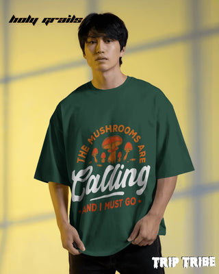 Men in Street Style 'The Mushrooms Are Calling' Bottle Green 240 GSM 100% Cotton Oversize Tee HG x Trip Tribe - Front