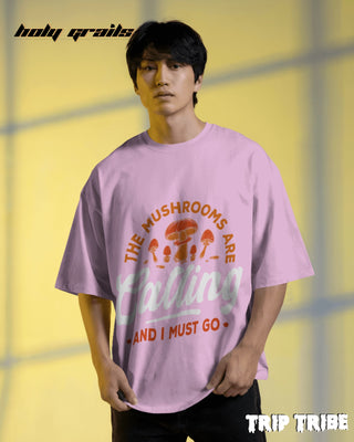 Men in Street Style 'The Mushrooms Are Calling' Light Baby Pink 240 GSM 100% Cotton Oversize Tee HG x Trip Tribe - Front
