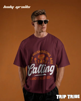 Men in Street Style 'The Mushrooms Are Calling' Maroon 240 GSM 100% Cotton Oversize Tee HG x Trip Tribe - Front