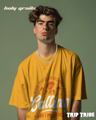 Men in Street Style 'The Mushrooms Are Calling' Mustard Yellow 240 GSM 100% Cotton Oversize Tee HG x Trip Tribe - Front