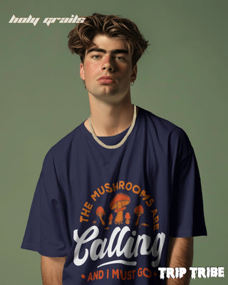 Men in Street Style 'The Mushrooms Are Calling' Navy Blue 240 GSM 100% Cotton Oversize Tee HG x Trip Tribe - Front