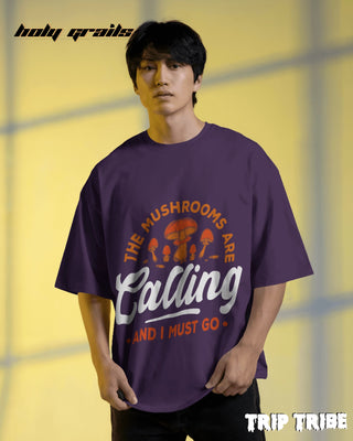 Men in Street Style 'The Mushrooms Are Calling' Purple 240 GSM 100% Cotton Oversize Tee HG x Trip Tribe - Front