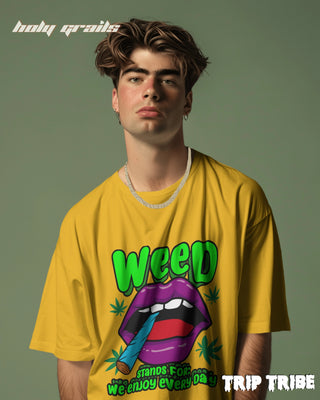 Men in Street Style 'WEED – We Enjoy Every Day' Mustard Yellow 240 GSM 100% Cotton Oversize Tee HG x Trip Tribe - Front