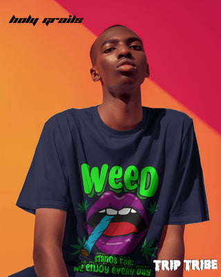 Men in Street Style 'WEED – We Enjoy Every Day' Navy Blue 240 GSM 100% Cotton Oversize Tee HG x Trip Tribe - Front