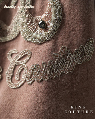 Men in Streetwear Style 'Peaches' Pink Wool 52% & Polyester 48% Zipper Jacket HG x King Couture - Back Bead Work Close Up 1