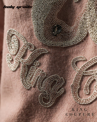 Men in Streetwear Style 'Peaches' Pink Wool 52% & Polyester 48% Zipper Jacket HG x King Couture - Back Bead Work Close Up 2