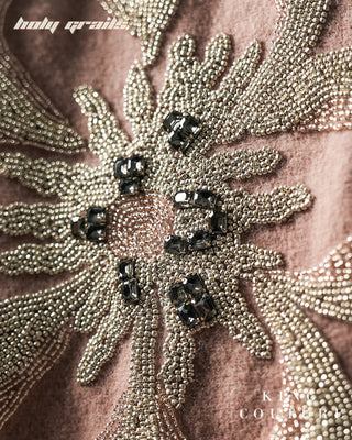 Men in Streetwear Style 'Peaches' Pink Wool 52% & Polyester 48% Zipper Jacket HG x King Couture - Back Bead Work Close Up 3