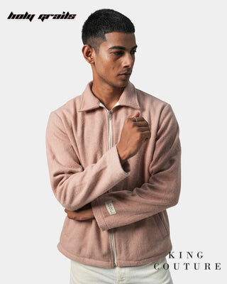 Men in Streetwear Style 'Peaches' Pink Wool 52% & Polyester 48% Zipper Jacket HG x King Couture - Front