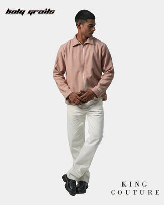 Men in Streetwear Style 'Peaches' Pink Wool 52% & Polyester 48% Zipper Jacket HG x King Couture - Front Full