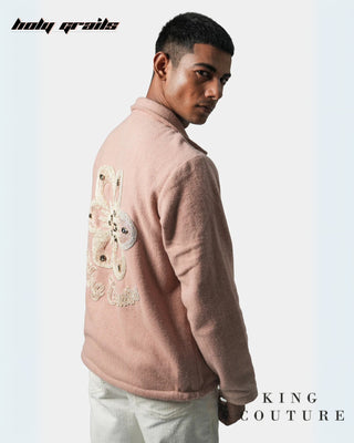 Men in Streetwear Style 'Peaches' Pink Wool 52% & Polyester 48% Zipper Jacket HG x King Couture - Side