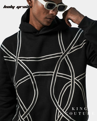Men in Streetwear Style 'Quantum' Black 340 GSM Polycotton boxy fit Hoodie HG x King Couture - Front Close Up