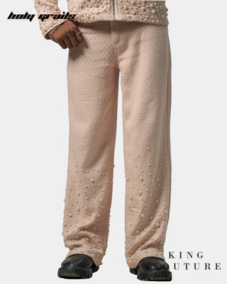 Men in Streetwear Style 'Rose Pearl' Pink Textured Cotton Straight Fit Pant HG x King Couture - Front