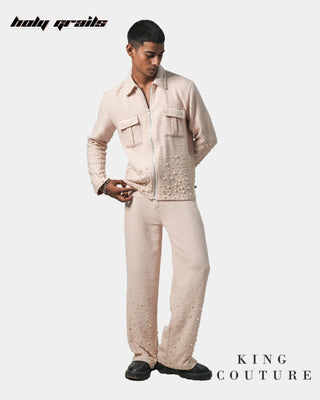 Men in Streetwear Style 'Rose Pearl' Pink Textured Cotton Straight Fit Pant HG x King Couture - Front Full