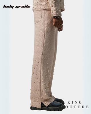 Men in Streetwear Style 'Rose Pearl' Pink Textured Cotton Straight Fit Pant HG x King Couture - Side 2