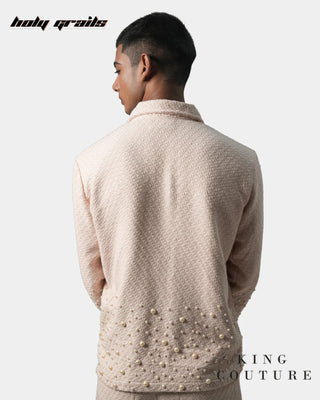 Men in Streetwear Style 'Rose Pearl' Pink Textured Cotton Zipper Jacket HG x King Couture - Back