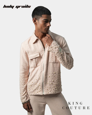 Men in Streetwear Style 'Rose Pearl' Pink Textured Cotton Zipper Jacket HG x King Couture - Front 1
