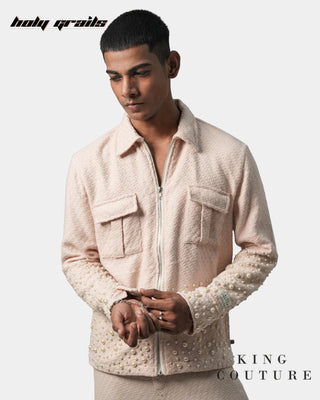 Men in Streetwear Style 'Rose Pearl' Pink Textured Cotton Zipper Jacket HG x King Couture - Front 2