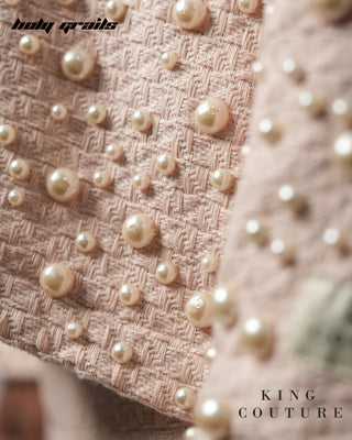 Men in Streetwear Style 'Rose Pearl' Pink Textured Cotton Zipper Jacket HG x King Couture - Pearls Close Up
