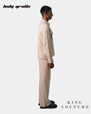 Men in Streetwear Style 'Rose Pearl' Pink Textured Cotton Zipper Jacket HG x King Couture - Side Full