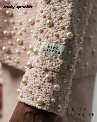 Men in Streetwear Style 'Rose Pearl' Pink Textured Cotton Zipper Jacket HG x King Couture - Sleeve Close Up