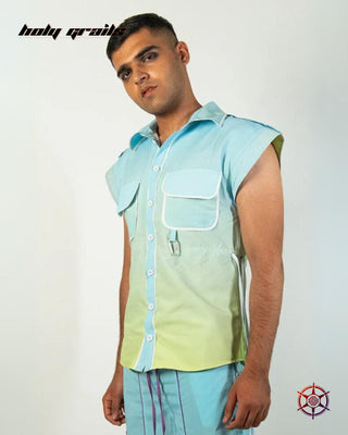 Men in Streetwear Style 'Seafoam Drawcord' Blue Green Sleeveless Oversize Shirt with 120 GSM Polycotton & 140 GSM Cotton Twlll HG x Duskin - Front Side