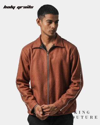 Men in Streetwear Style 'Terracotta' Brown Wool 52% & Polycotton 48% Zipper Jacket HG x King Couture - Front